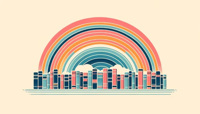 Un arc en ciel de livres représentant les couleurs de la littérature