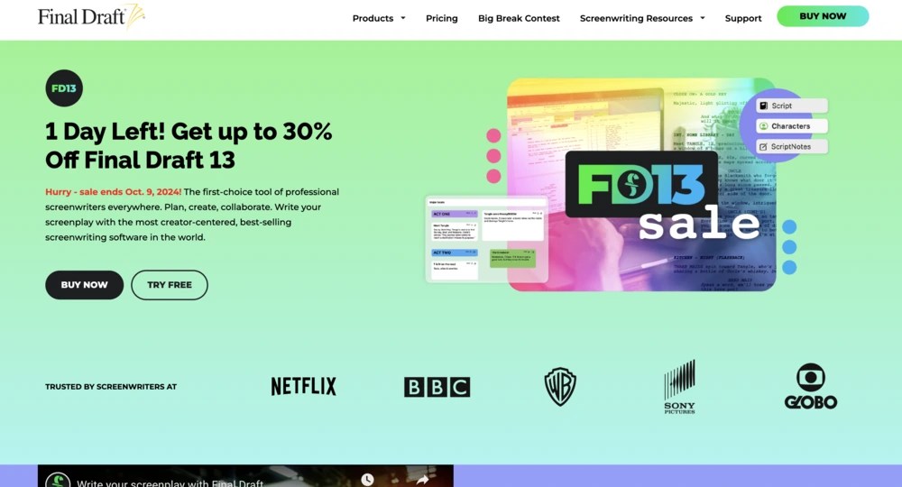 Site web du logiciel d'écriture Final Draft