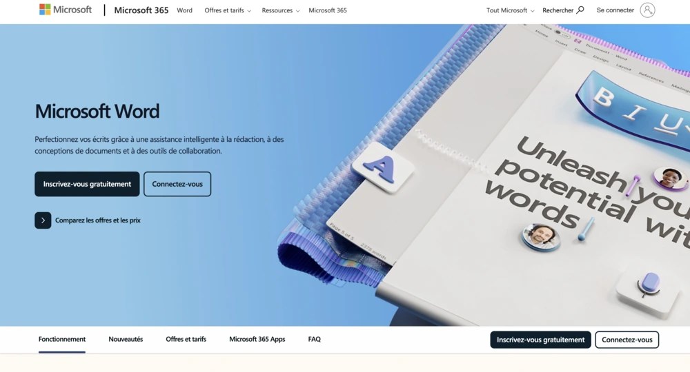 Site web du logiciel d'écriture Microsoft Word