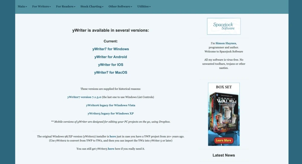 Site web du logiciel d'écriture gratuit yWriter